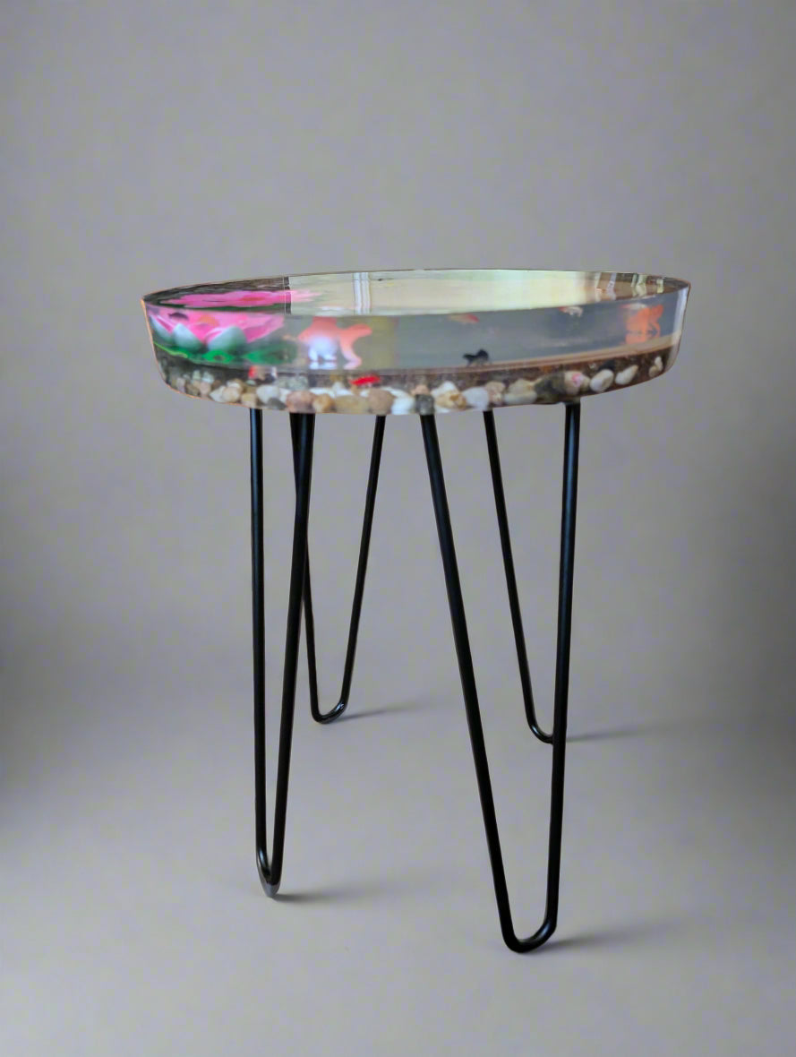 3D Resin Pond End Table - 14x2 Inch Mesmerizing Water Effect Side Table