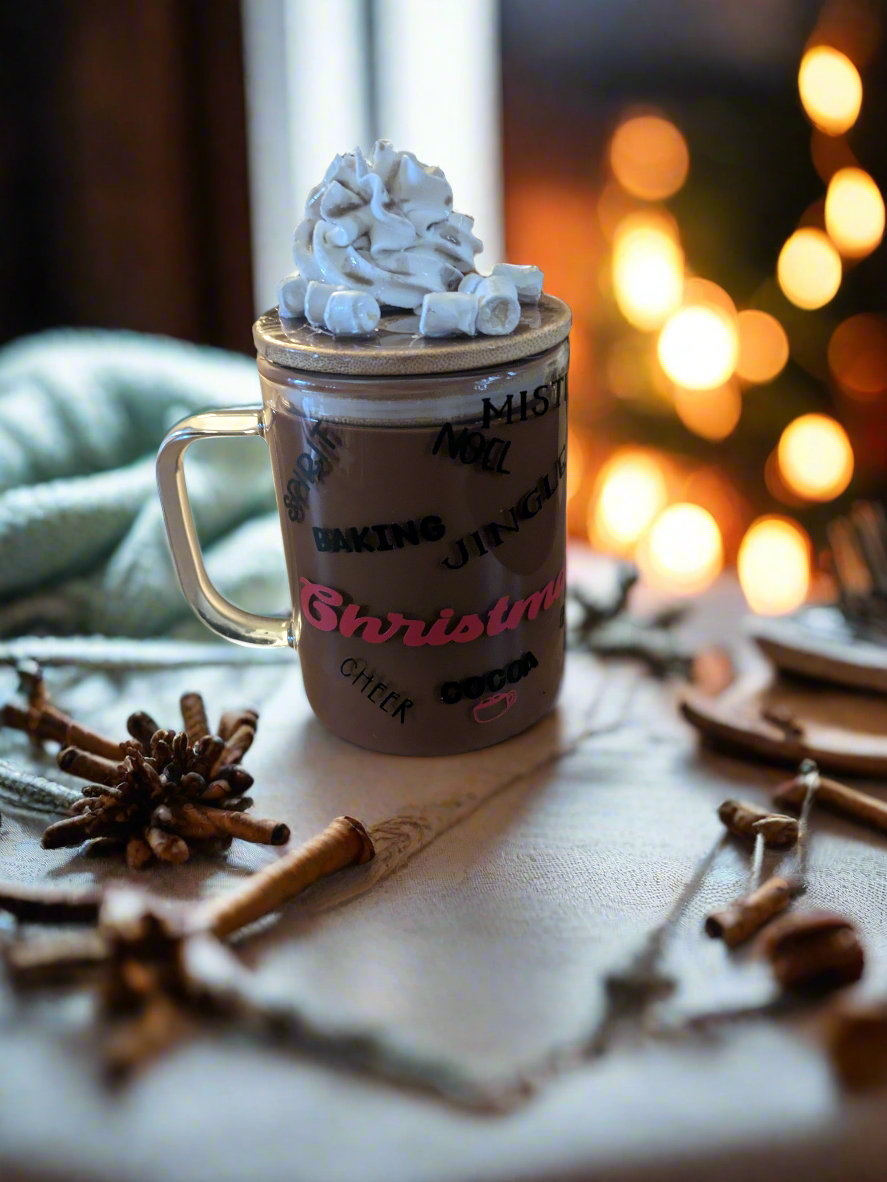 Snow globe glass mug with the illusion of hot cocoa with whip cream and marshmallows - Krafty Kustomz LLC