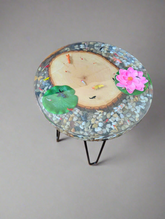 3D Resin Pond End Table - 14x2 Inch Mesmerizing Water Effect Side Table